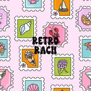 May include: A seamless pattern featuring various illustrations in colorful frames with a retro aesthetic. The illustrations include a seashell, a lobster, a bouquet of flowers, a sailboat, a glass of wine, a croissant, and a citrus fruit. The text "Retro Rach" is featured in the center of the pattern.