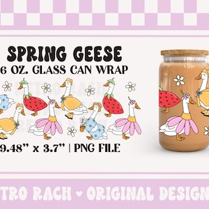 May include: A digital design featuring a 16 ounce glass can wrap with a pattern of geese wearing flowers and strawberries. The design is titled "Spring Geese" and includes the dimensions 9.48 inches by 3.7 inches. The design is a PNG file.
