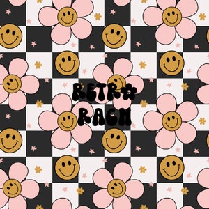 May include: A black and white checkered background with pink flowers and yellow smiley faces. The text "RETR* RAGH" is in the center of the image.
