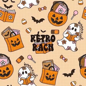May include: A seamless pattern on a light orange background featuring orange jack-o'-lantern buckets filled with books, white ghosts decorated with pink and orange flowers reading books, black bats, candy corn, and lollipops with the text "BOOOKISH".