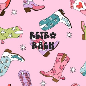 May include: A pink background with a repeating pattern of colorful cowboy boots. The boots have different designs, including stars, flowers, and hearts. The text "Retro Rag" is written in a bold, retro font.