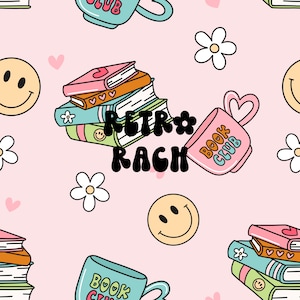 May include: A repeating pattern featuring stacks of books, smiley faces, flowers, and mugs with the text "Book Club." The word "Retro Rach" is in the center. The design is in pastel colours of pink, blue, and yellow.