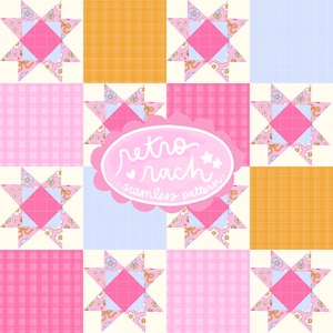 Może przedstawiać: Bezszwowy wzór z siatką kwadratów i motywów gwiazd. Gwiazdy są różowe z kwiatowymi detalami na kremowym tle. Kwadraty na przemian różowe w kratkę, niebieskie i pomarańczowe. Tekst "retro rach seamless pattern" znajduje się w różowym owalu.