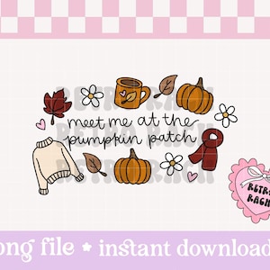 May include: A digital illustration with fall-themed elements. It features a sweater, pumpkins, leaves, a mug, and a scarf, with the text "meet me at the pumpkin patch." A pink heart-shaped graphic with the text "Retro Rag" is also included.