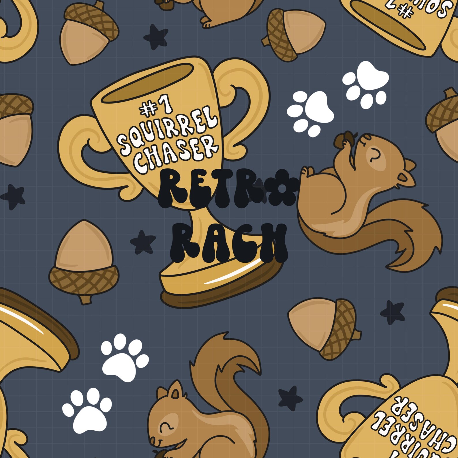 Squirrel Chaser Seamless Pattern Dog Theme Retro Fabric Design for