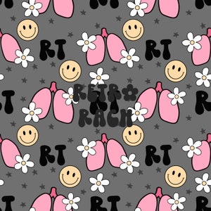 May include: A seamless pattern featuring pink lungs, smiley faces, white daisies, and the text "Retro Rach" in black. The background is a dark gray color.
