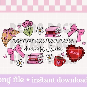 Peut inclure: Graphique numérique avec l'inscription "romance readers book club", entourée d'illustrations de livres, de nœuds, de fleurs, d'un croissant, d'une tasse et d'un cœur. La palette de couleurs comprend le rose, le rouge et le noir.