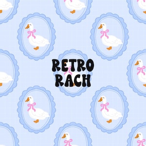 May include: A seamless pattern featuring white ducks with pink bows in blue oval frames on a light blue background. The text "Retro Rach" is centered in the pattern.