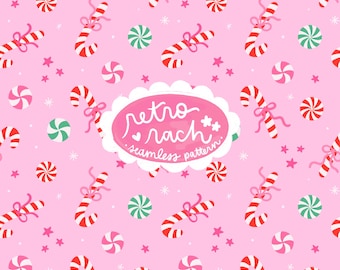 Coquette Candy Canes Seamless Pattern - retro festive fabric design for sublimation - cottagecore