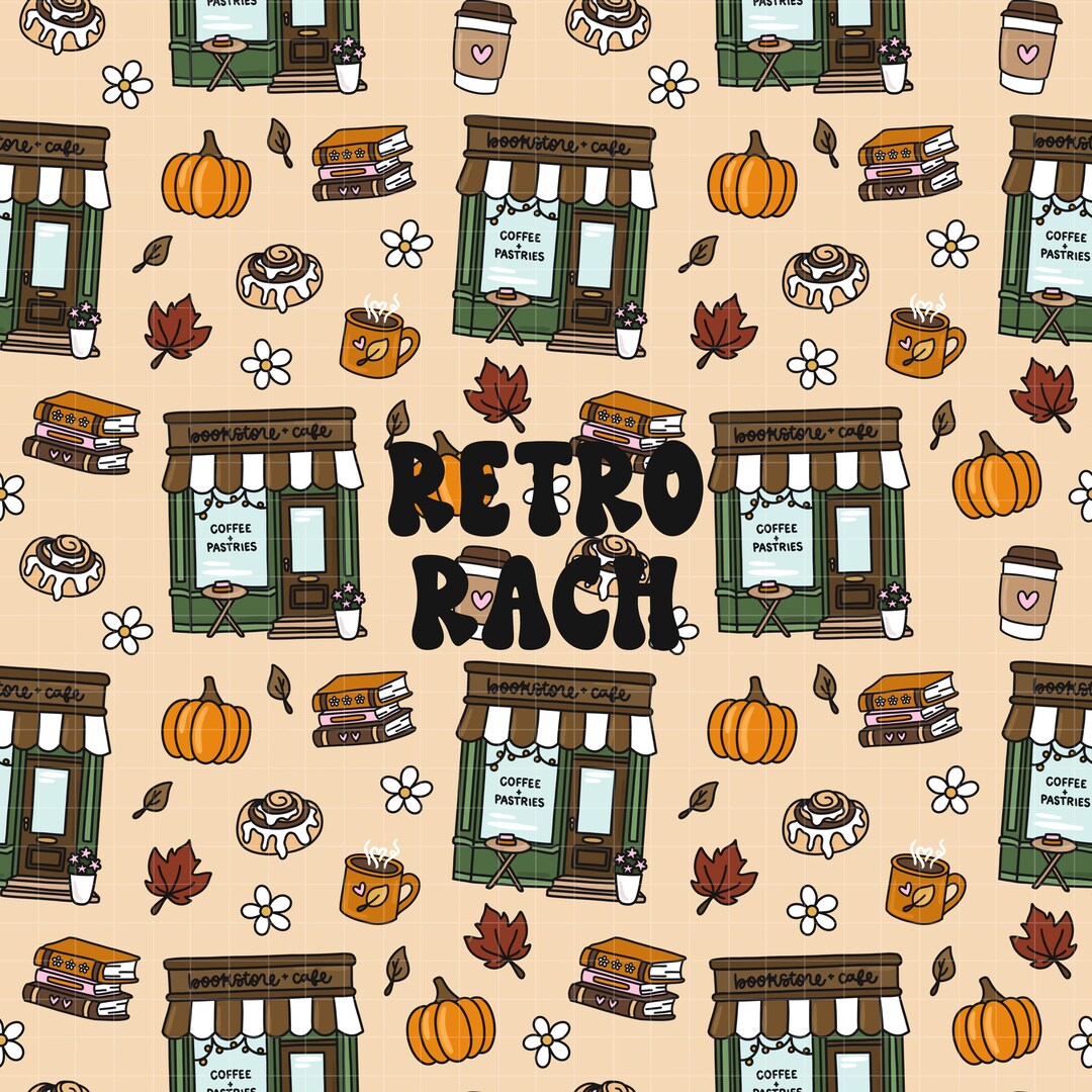 Cozy Fall Bookstore Seamless Pattern - Retro Fall & Halloween Fabric ...