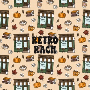 May include: A repeating pattern featuring a bookstore and cafe theme. The design includes pumpkins, books, coffee cups, pastries, and fall leaves. The text "RETRO RACH" is prominently displayed in the center, with a heart-shaped coffee cup.