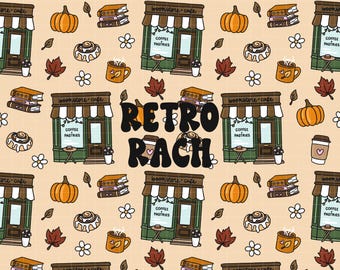 Cozy Fall Bookstore Seamless Pattern - retro fall & halloween fabric design for sublimation - cottagecore