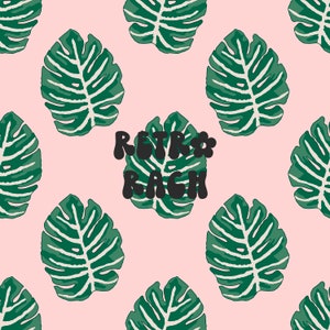 May include: A pink background with a repeating pattern of green monstera leaves and the text "RETRO RACH" in black.