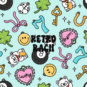 May include: A repeating pattern of retro-themed charms and icons on a light blue background. The design includes a smiley face, lucky heart, dice, four-leaf clover, lucky cat, and the text "RETRO RACH".