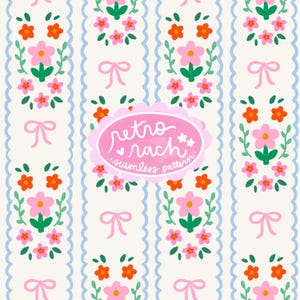 Op de afbeelding: Een naadloos patroon met roze, oranje en groene bloemen op blauwe en witte strepen. De tekst "retro rach seamless pattern" staat in een roze ovaal.