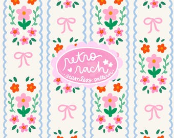Summer Wildflowers & Bows Seamless Pattern - retro summer fabric design for sublimation - cottagecore