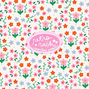 May include: A seamless pattern featuring a variety of colourful flowers in pink, orange, blue, and green on a white background. The text "retro nach seamless pattern" is in a pink oval.