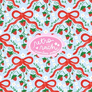 Summer Strawberries & Bows Seamless Pattern - retro summer fabric design for sublimation - cottagecore