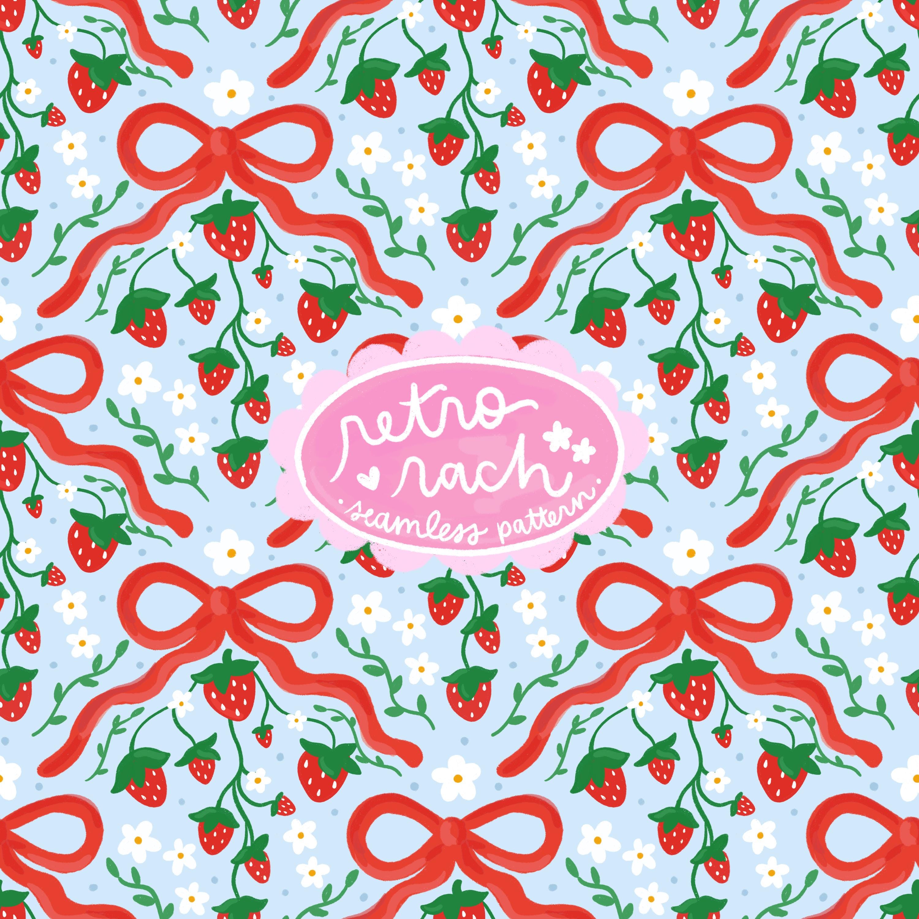 Sommer Erdbeeren & Schleifen Nahtloses Muster - Retro-Sommer-Stoffdesign für Sublimation - Cottagecore