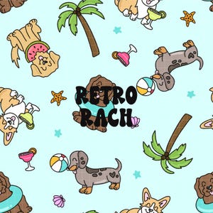 May include: A seamless pattern featuring cartoon dogs in various summer activities, including swimming, playing with a beach ball, and relaxing under palm trees. The text "Retro Rach" is featured in the center of the pattern.