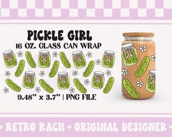 Pickle Girly Cup Wrap - retro 16 OZ Glass Can Wrap coquette sublimation design