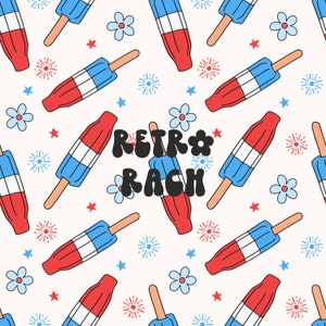 May include: A seamless pattern featuring red, white, and blue popsicles, stars, flowers, and fireworks. The text "Retro Rag" is written in a bold, retro font.