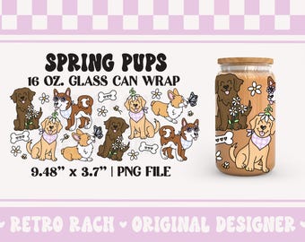 Spring Dogs Cup Wrap file - 16 OZ. Libbey Glass Can design for sublimation - retro and trendy original art