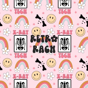 Könnte beinhalten: Ein rosa Hintergrund mit einem sich wiederholenden Muster aus Regenbögen, Smiley-Gesichtern, Gänseblümchen, Sternen, Knochen und Röntgenbildern von Skeletten. Der Text "TECH" und "X-RAY" wird im gesamten Muster wiederholt. Die Wörter "RETRO" und "RACH" sind ebenfalls im Muster enthalten.