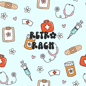 Puede incluir: Un fondo azul claro con un patrón repetitivo de artículos relacionados con la medicina y la atención médica. Los artículos incluyen un botiquín de primeros auxilios, vendas, un estetoscopio, una jeringa, un frasco de pastillas, una gorra de enfermera y un portapapeles. El texto "Retro Rag" está escrito en letras grandes, negritas y negras.
