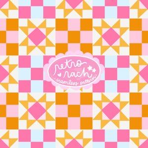 May include: A seamless pattern featuring a retro patchwork design with pink, orange, and white squares and triangles. The text "retro nach seamless pattern" is in a pink oval.