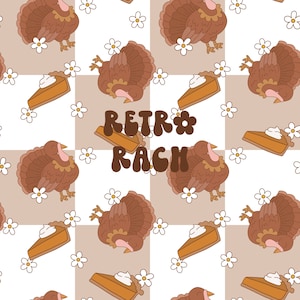 May include: A seamless pattern featuring brown turkeys and pumpkin pie slices on a white and brown checkered background. The text "Retro Rag" is in the center of the pattern.