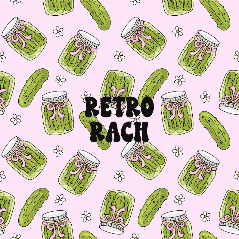May include: A pink background with a repeating pattern of green pickle jars and green cucumbers. The text "Retro Rach" is in the center of the image.