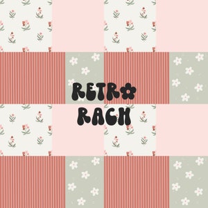 May include: A patchwork design with a retro floral pattern in pink, green, and white. The text "Retro Rag" is in the center of the design.