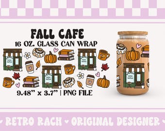 Fall Cafe & Bookstore Cup Wrap file - 16 OZ. Libbey Glass Can design for sublimation - retro and trendy  - Halloween and Fall design