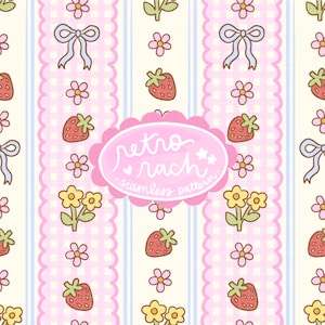 May include: A repeating pattern with strawberries, flowers, and bows on a pink and cream backdrop. The design incorporates vertical stripes and a central pink oval with the text "retro rach seamless pattern."