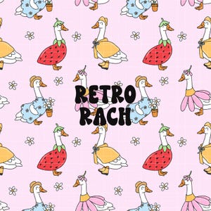 May include: A seamless pattern featuring cartoon geese wearing various outfits and accessories on a pink background with white daisies. The geese are wearing a strawberry costume, a yellow cape, a blue dress, and a pink dress. The text "Retro Rach" is in the center of the pattern.
