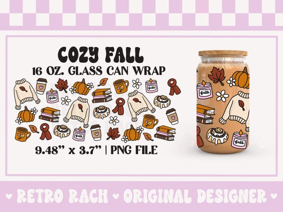 Cozy Fall Girly Cup Wrap file - 16 OZ. Libbey Glass Can design for sublimation - retro and trendy original art - Halloween and Fall design