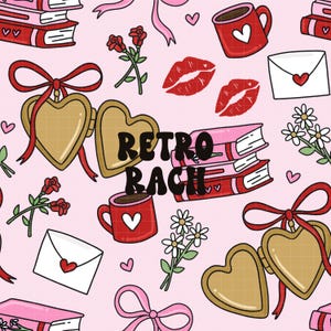 Op de afbeelding: Een roze achtergrond met verschillende retro-illustraties, waaronder harten, boeken, koffiekopjes en medaillons. De tekst "Retro Rach" is geschreven in vetgedrukte, zwarte letters.