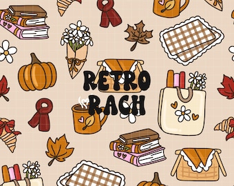 Cozy Fall Picnic Seamless Pattern - retro fall & halloween fabric design for sublimation - cottagecore