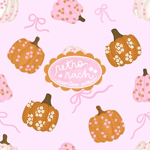 May include: A seamless pattern featuring pumpkins in shades of orange, pink, and white, adorned with small white and pink floral accents. The design includes pink bows and a central oval label with the text "retro rach seamless pattern."