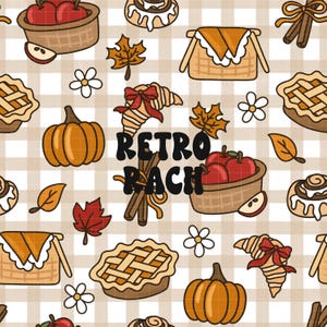 May include: A repeating pattern featuring autumn-themed illustrations. The design includes pumpkins, apples in baskets, fall leaves, pie, cinnamon rolls, and the text "RETRO RANCH" on a checkered background. The color palette is warm, with shades of orange, red, and brown.