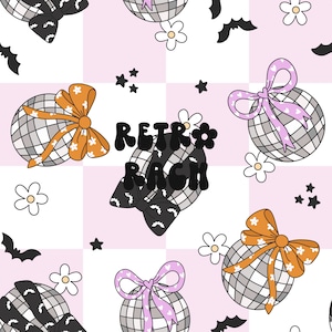 May include: A seamless pattern featuring disco balls with bows in various colors, including orange, pink, and black. The background is a pink and white checkered pattern with small stars and flowers. The text "Retro Rach" is written in a bold, retro font.
