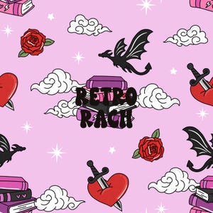 May include: A repeating pattern on a pink background featuring a stack of books with the text "RETRO RACH", black dragons, red roses, white clouds, hearts pierced with swords, and stars. The design has a retro aesthetic.