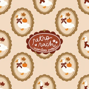 May include: A seamless pattern featuring a repeating design of white geese with red bows, pumpkins, and fall leaves inside oval frames. The pattern includes the text "retro rach seamless pattern" in a brown oval.