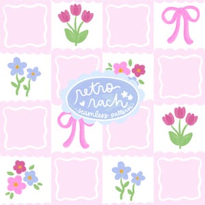 May include: A seamless pattern with a retro aesthetic featuring pink and blue flowers, pink bows, and a light blue circle with the text "retro rach* seamless pattern".