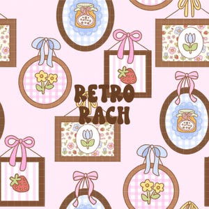 May include: A repeating pattern featuring framed illustrations of strawberries, flowers, and honey jars. The frames are brown, with pink and blue bows. The background is a light pink, with the text "RETRO RACH" in the center.