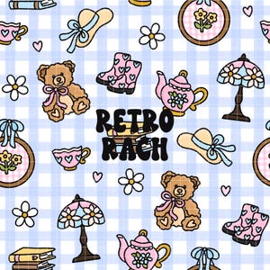 May include: A repeating pattern with retro illustrations on a pale blue gingham backdrop. The design includes teddy bears, teacups, hats, boots, lamps, teapots, and embroidery hoops. The text "RETRO RACH" is in the centre.