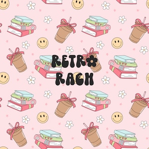 May include: A pink background with a repeating pattern of books, coffee cups, flowers, and smiley faces. The text "RETRA RACH" is in the centre of the image.