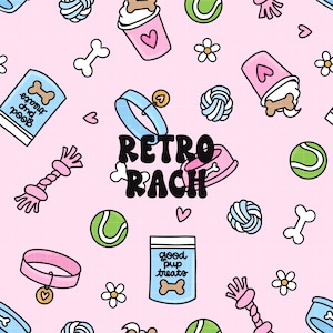 Op de afbeelding: Een herhalend patroon op een roze achtergrond met illustraties met honden als thema. Inbegrepen zijn hondenbotten, tennisballen, hondenhalsbanden, hondenbakken en snoepcontainers. De tekst "Retro Rach" is ook aanwezig. De illustraties zijn zwart omlijnd.