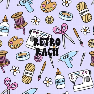 May include: A repeating pattern of craft supplies on a light purple background. The design includes sewing machines, scissors, glue bottles, paint palettes, yarn, and the text "RETRO RACH". The color palette is pastel with black outlines.